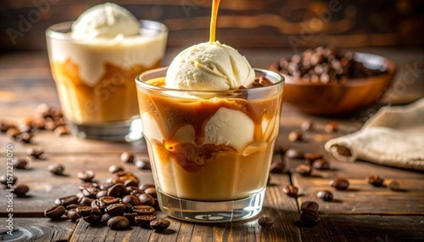 Fototapeta Photo-Realistic Close-Up of Creamy Ice Cream Coffee Dessert in Clear Glass Cup with Rich Espresso Over Vanilla Ice Cream, Swirls and Froth, Coffee Beans, and Warm Rustic Café Setting