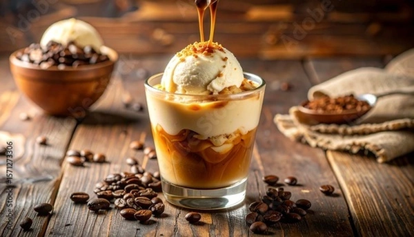 Fototapeta Photo-Realistic Close-Up of Creamy Ice Cream Coffee Dessert in Clear Glass Cup with Rich Espresso Over Vanilla Ice Cream, Swirls and Froth, Coffee Beans, and Warm Rustic Café Setting