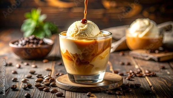 Fototapeta Photo-Realistic Close-Up of Creamy Ice Cream Coffee Dessert in Clear Glass Cup with Rich Espresso Over Vanilla Ice Cream, Swirls and Froth, Coffee Beans, and Warm Rustic Café Setting