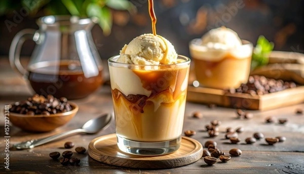Fototapeta Photo-Realistic Close-Up of Creamy Ice Cream Coffee Dessert in Clear Glass Cup with Rich Espresso Over Vanilla Ice Cream, Swirls and Froth, Coffee Beans, and Warm Rustic Café Setting
