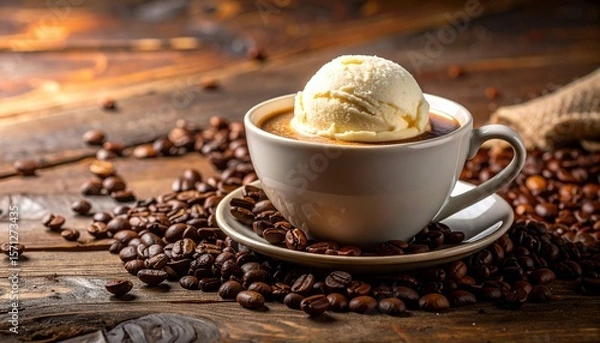 Fototapeta Tantalizing Close-Up of Steaming Coffee Topped with Melting Ice Cream, Surrounded by Roasted Coffee Beans on a Rustic Wooden Surface with Warm Lighting and Decadent Texture