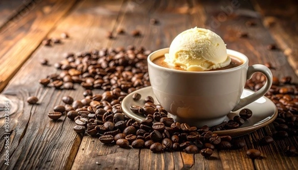Fototapeta Tantalizing Close-Up of Steaming Coffee Topped with Melting Ice Cream, Surrounded by Roasted Coffee Beans on a Rustic Wooden Surface with Warm Lighting and Decadent Texture