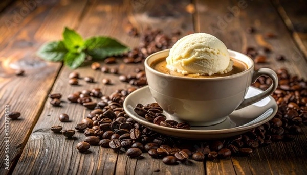 Fototapeta Tantalizing Close-Up of Steaming Coffee Topped with Melting Ice Cream, Surrounded by Roasted Coffee Beans on a Rustic Wooden Surface with Warm Lighting and Decadent Texture