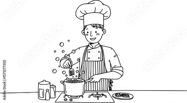 Obraz A chef boiling pasta in kitchen, doodle style illustration
