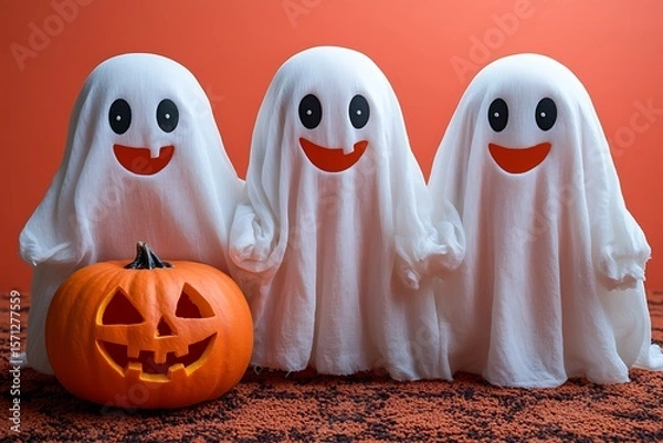Fototapeta Three smiling ghosts with white sheets and carved pumpkin on orange background Halloween concept
