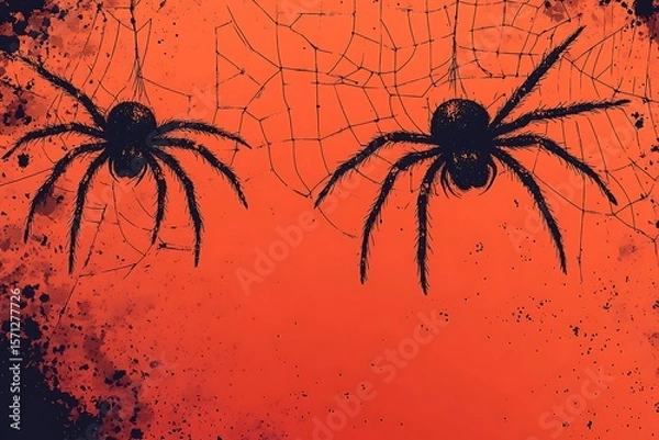 Fototapeta Two black spiders on cobwebs against an orange background with dark grunge splatter