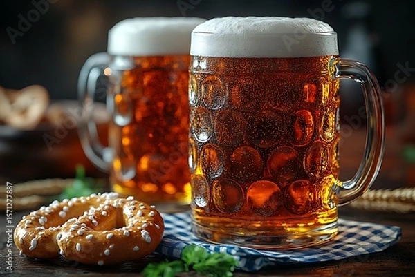 Fototapeta Two large beer mugs with white foam and pretzel on a checkered cloth wooden table