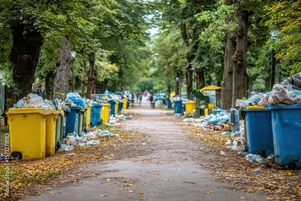 Fototapeta Overfilled park trash bins containing various refuse Littering occurs Environmental contamination Plastic waste issue