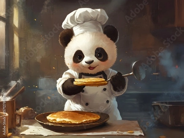 Fototapeta Culinary Cuteness: A Baby Panda Dressed as a Chef Trying to Flip a Pancake, chef with a pan