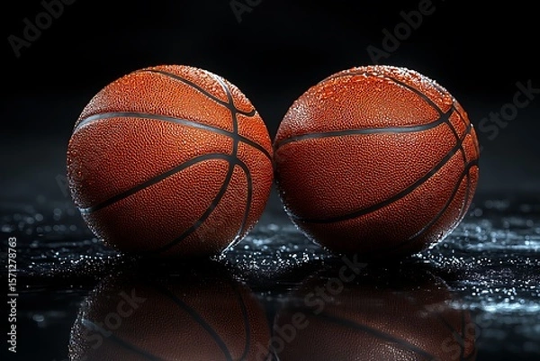 Fototapeta Two wet basketballs with water droplets on a reflective surface against a dark background