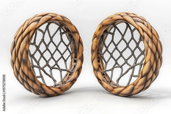 Fototapeta Two wooden basketball rims with nets front view isolated on white background studio shot