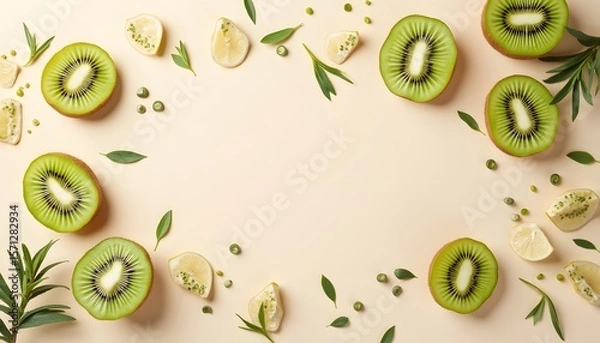 Fototapeta An artful arrangement of kiwi halves lemon wedges green leaves and tiny green beads on a light peach background