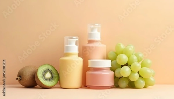 Fototapeta Image of pastelcolored skincare bottles with kiwi halves and green grapes on a pale peach background