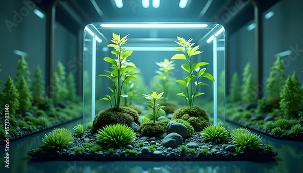 Fototapeta Green plants thrive in a glass cube with moss stones  reflection A miniature forest stretches behind