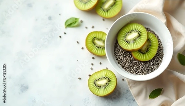 Fototapeta Kiwi slices in bowl with seeds some loose on a neutral surface with a cloth