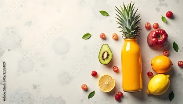 Fototapeta Still life featuring a pineappletopped juice bottle surrounded by fruits on a mottled surface