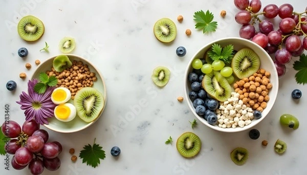 Fototapeta Two bowls filled with fruit nuts and other ingredients on a marble surface