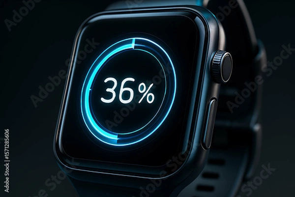 Obraz 36 percent. A close-up of a smartwatch screen displaying a 36% progress circle on a dark background.