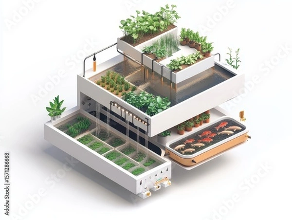 Fototapeta Isometric cutaway of an aquaponics farm system with fish tank, water circulation, LED-lit plant beds, and nutrient flow arrows. Sustainable farming illustration on white.