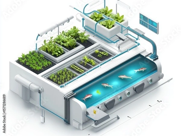 Obraz Isometric cutaway of an aquaponics farm system with fish tank, water circulation, LED-lit plant beds, and nutrient flow arrows. Sustainable farming illustration on white.