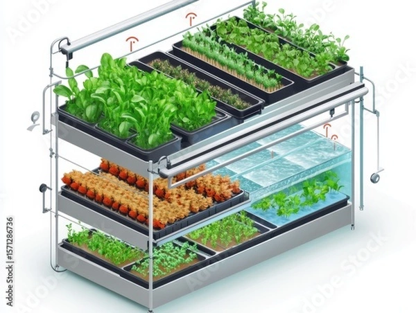 Obraz Isometric cutaway of an aquaponics farm system with fish tank, water circulation, LED-lit plant beds, and nutrient flow arrows. Sustainable farming illustration on white.