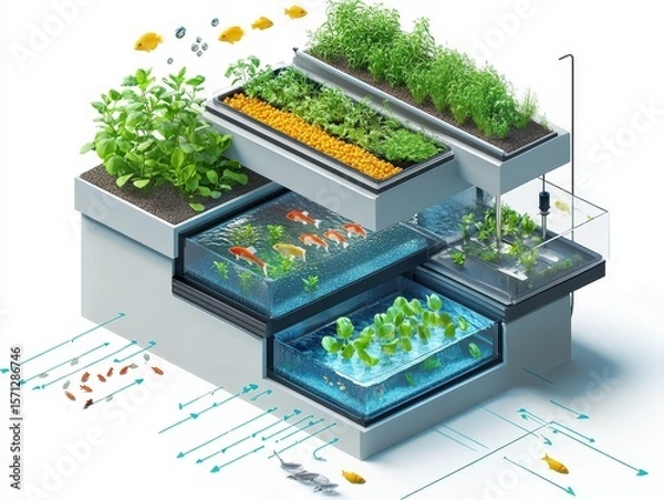 Obraz Isometric cutaway of an aquaponics farm system with fish tank, water circulation, LED-lit plant beds, and nutrient flow arrows. Sustainable farming illustration on white.
