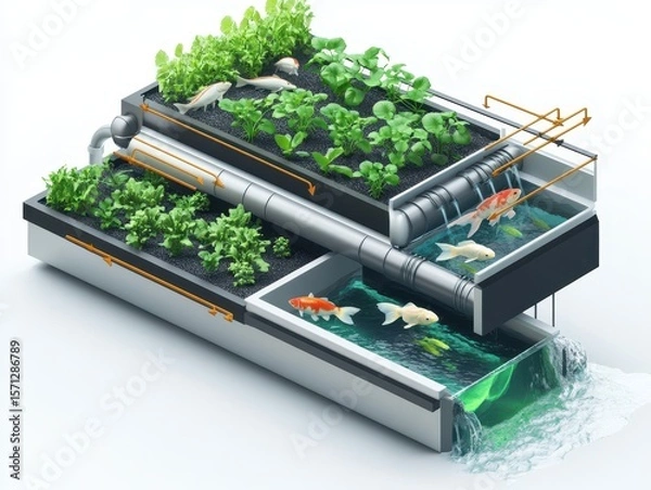 Obraz Isometric cutaway of an aquaponics farm system with fish tank, water circulation, LED-lit plant beds, and nutrient flow arrows. Sustainable farming illustration on white.