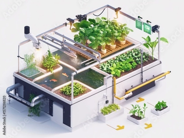 Obraz Isometric cutaway of an aquaponics farm system with fish tank, water circulation, LED-lit plant beds, and nutrient flow arrows. Sustainable farming illustration on white.