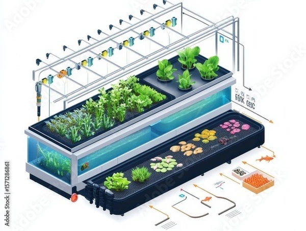 Fototapeta Isometric cutaway of an aquaponics farm system with fish tank, water circulation, LED-lit plant beds, and nutrient flow arrows. Sustainable farming illustration on white.