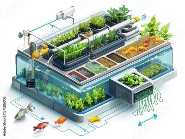 Fototapeta Isometric cutaway of an aquaponics farm system with fish tank, water circulation, LED-lit plant beds, and nutrient flow arrows. Sustainable farming illustration on white.