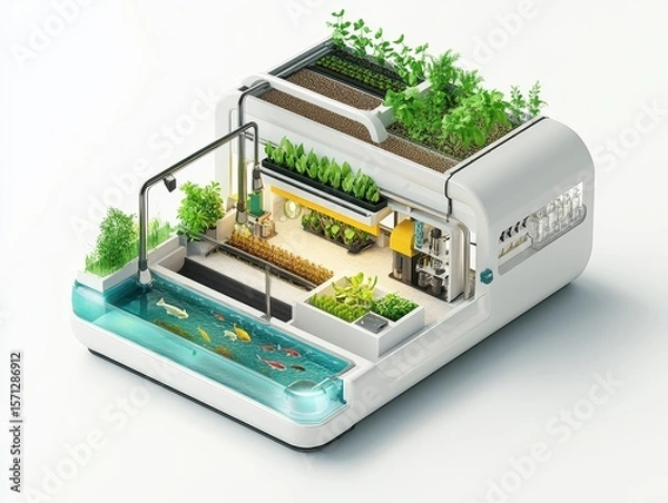 Obraz Isometric cutaway of an aquaponics farm system with fish tank, water circulation, LED-lit plant beds, and nutrient flow arrows. Sustainable farming illustration on white.