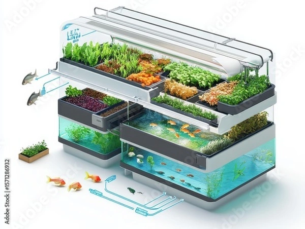 Obraz Isometric cutaway of an aquaponics farm system with fish tank, water circulation, LED-lit plant beds, and nutrient flow arrows. Sustainable farming illustration on white.