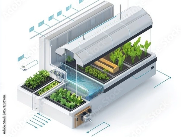 Obraz Isometric cutaway of an aquaponics farm system with fish tank, water circulation, LED-lit plant beds, and nutrient flow arrows. Sustainable farming illustration on white.