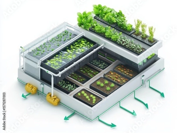 Obraz Isometric cutaway of an aquaponics farm system with fish tank, water circulation, LED-lit plant beds, and nutrient flow arrows. Sustainable farming illustration on white.