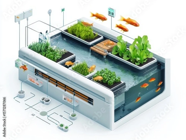 Obraz Isometric cutaway of an aquaponics farm system with fish tank, water circulation, LED-lit plant beds, and nutrient flow arrows. Sustainable farming illustration on white.