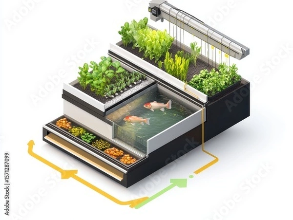Obraz Isometric cutaway of an aquaponics farm system with fish tank, water circulation, LED-lit plant beds, and nutrient flow arrows. Sustainable farming illustration on white.