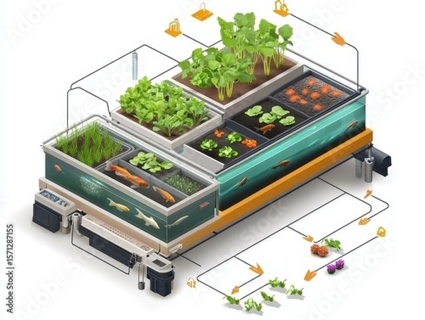 Obraz Isometric cutaway of an aquaponics farm system with fish tank, water circulation, LED-lit plant beds, and nutrient flow arrows. Sustainable farming illustration on white.