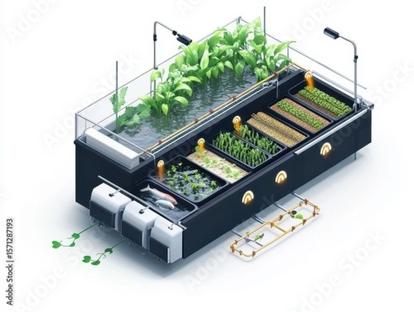 Obraz Isometric cutaway of an aquaponics farm system with fish tank, water circulation, LED-lit plant beds, and nutrient flow arrows. Sustainable farming illustration on white.