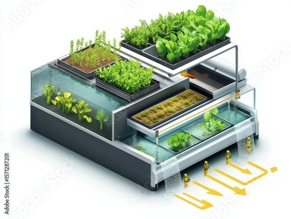 Obraz Isometric cutaway of an aquaponics farm system with fish tank, water circulation, LED-lit plant beds, and nutrient flow arrows. Sustainable farming illustration on white.