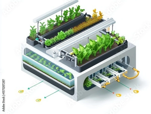Obraz Isometric cutaway of an aquaponics farm system with fish tank, water circulation, LED-lit plant beds, and nutrient flow arrows. Sustainable farming illustration on white.