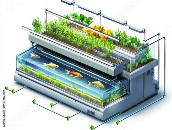Obraz Isometric cutaway of an aquaponics farm system with fish tank, water circulation, LED-lit plant beds, and nutrient flow arrows. Sustainable farming illustration on white.