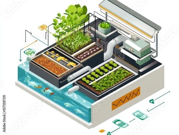 Obraz Isometric cutaway of an aquaponics farm system with fish tank, water circulation, LED-lit plant beds, and nutrient flow arrows. Sustainable farming illustration on white.