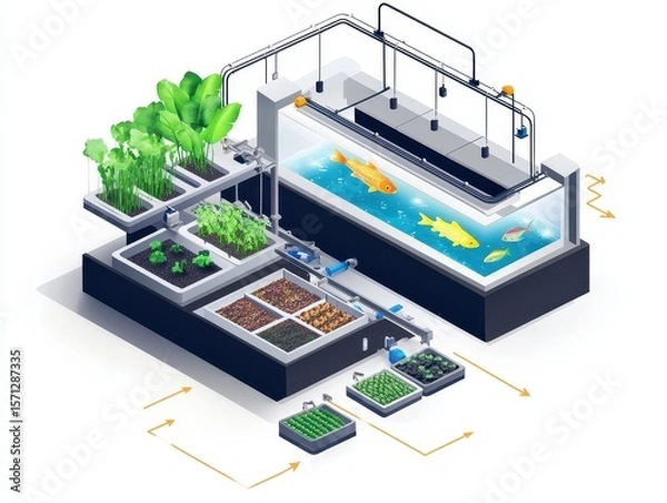Obraz Isometric cutaway of an aquaponics farm system with fish tank, water circulation, LED-lit plant beds, and nutrient flow arrows. Sustainable farming illustration on white.