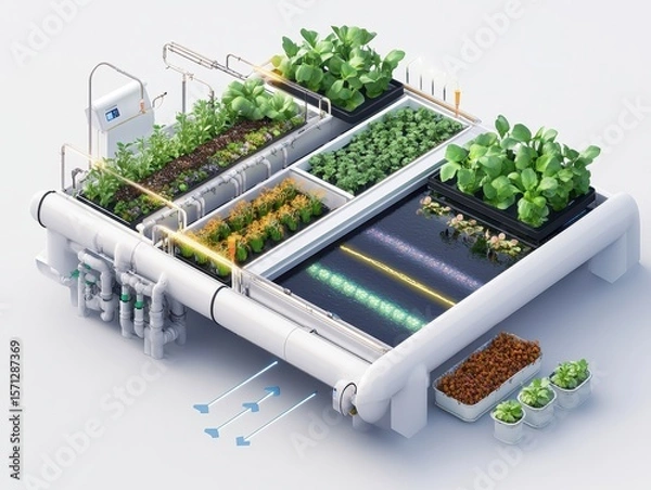 Fototapeta Isometric cutaway of an aquaponics farm system with fish tank, water circulation, LED-lit plant beds, and nutrient flow arrows. Sustainable farming illustration on white.