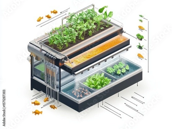 Obraz Isometric cutaway of an aquaponics farm system with fish tank, water circulation, LED-lit plant beds, and nutrient flow arrows. Sustainable farming illustration on white.