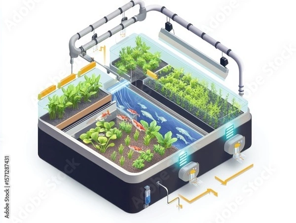 Obraz Isometric cutaway of an aquaponics farm system with fish tank, water circulation, LED-lit plant beds, and nutrient flow arrows. Sustainable farming illustration on white.