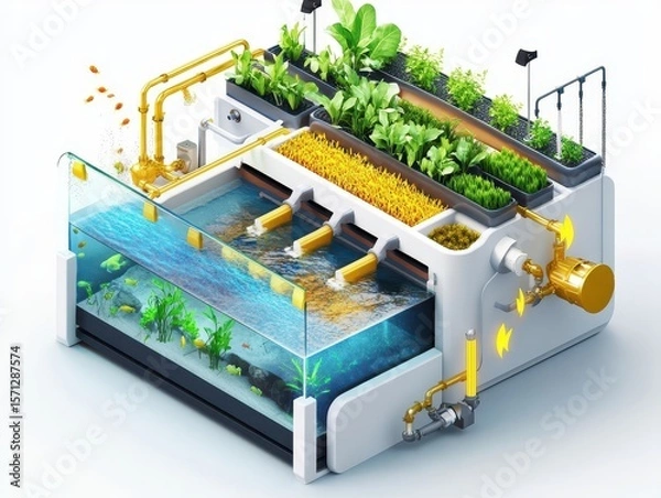 Obraz Isometric cutaway of an aquaponics farm system with fish tank, water circulation, LED-lit plant beds, and nutrient flow arrows. Sustainable farming illustration on white.