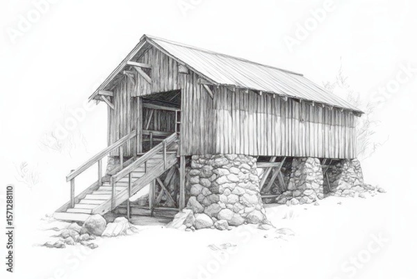 Fototapeta Hand-drawn architectural sketch of a rural hydro-powered sawmill with stone foundation and timber housing. Pencil style illustration on white.