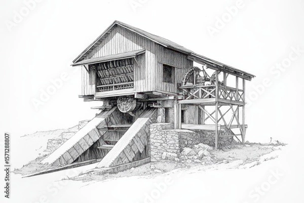 Fototapeta Hand-drawn architectural sketch of a rural hydro-powered sawmill with stone foundation and timber housing. Pencil style illustration on white.