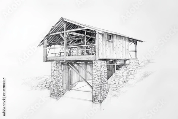 Fototapeta Hand-drawn architectural sketch of a rural hydro-powered sawmill with stone foundation and timber housing. Pencil style illustration on white.